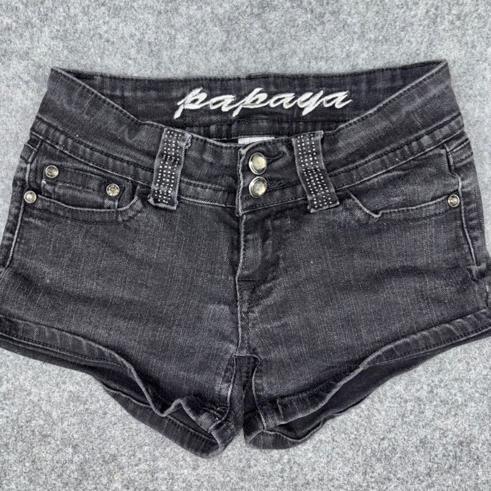 Papaya Denim Shorts Womens Small Black Rhinestone Studded Low Rise Y2K Mini Jean